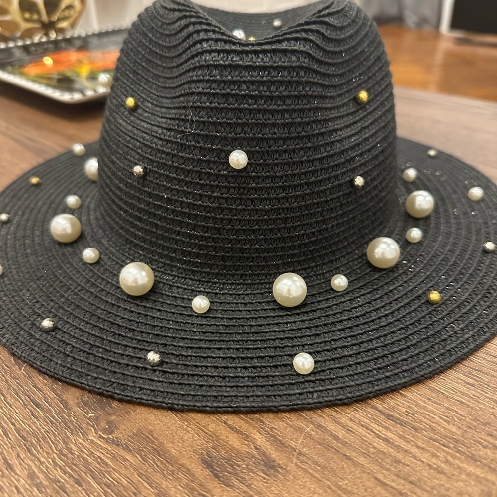Steve Madden Black Hat with Pearl Accents